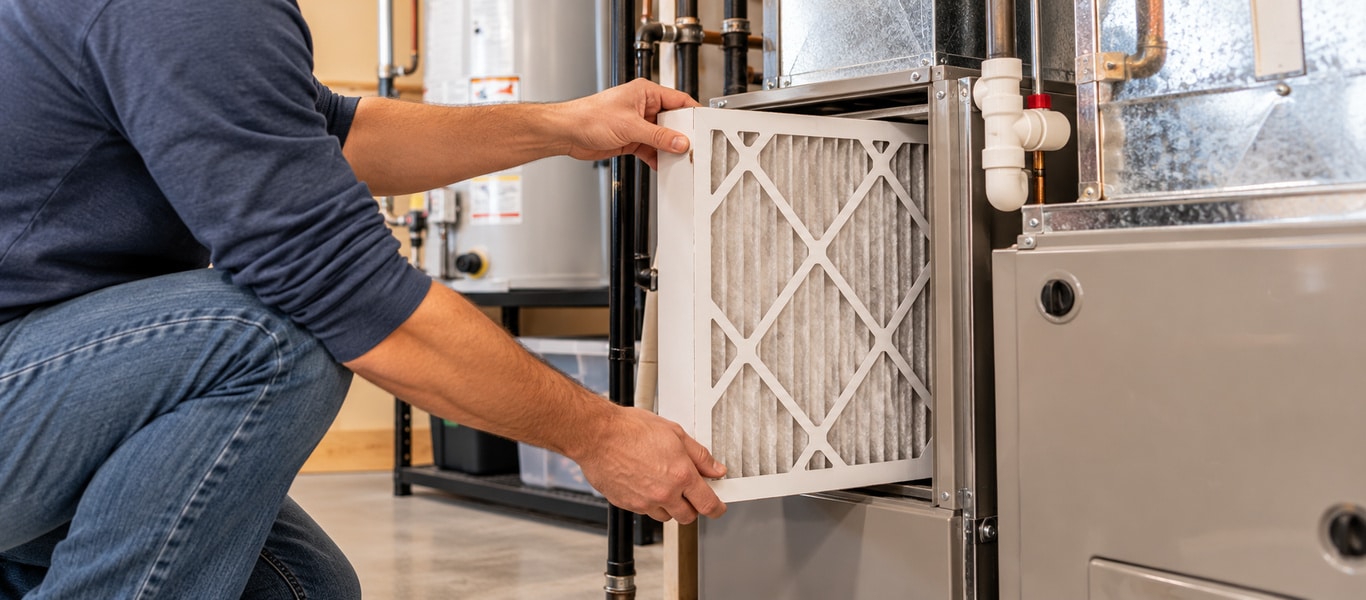 Homeowner replacing a furnace air filter before the Saskatchewan heating season.