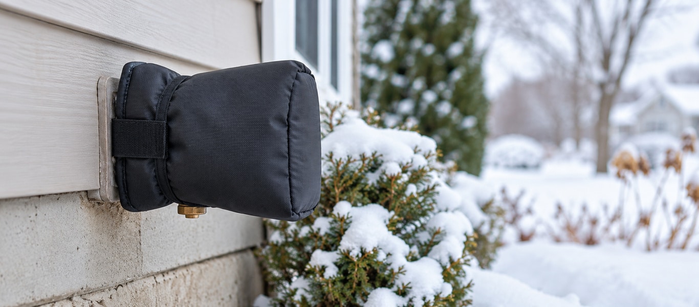 Insulated exterior faucet cover on a Saskatchewan home during winter.