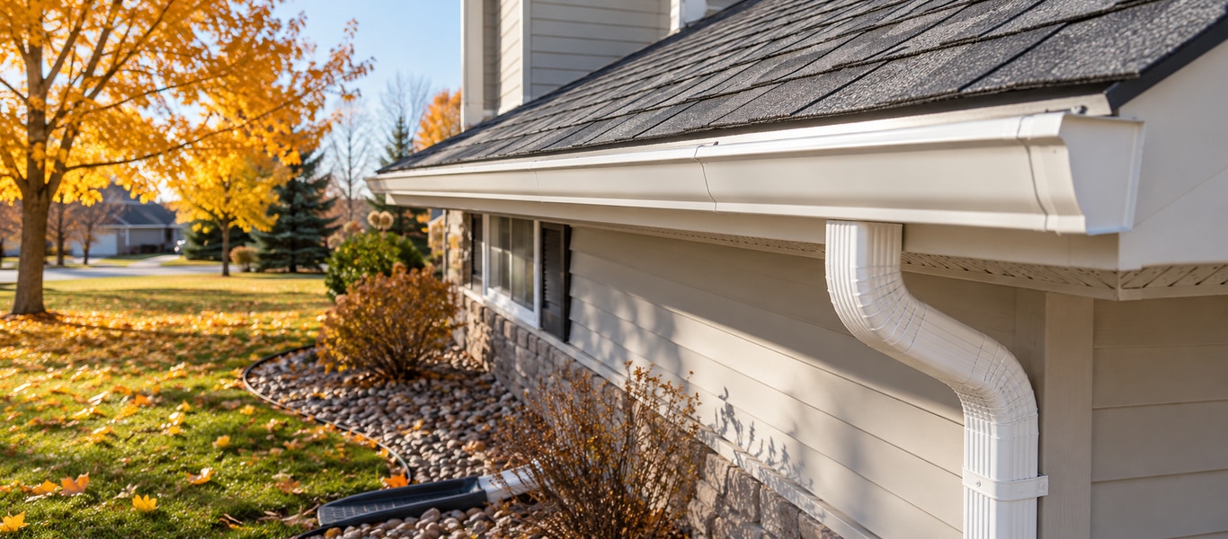 Clean eavestrough and downspout directing water away from a home in fall.