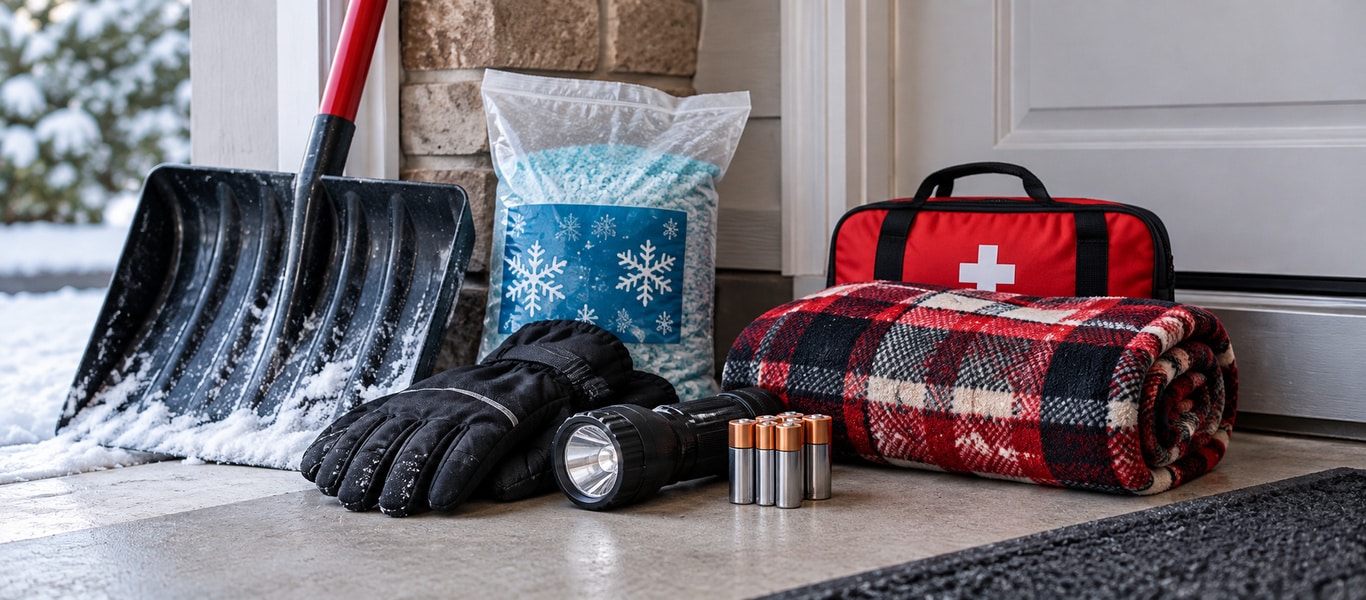 Winter emergency supplies including a shovel, ice melt, flashlight, batteries, blanket and first aid kit.